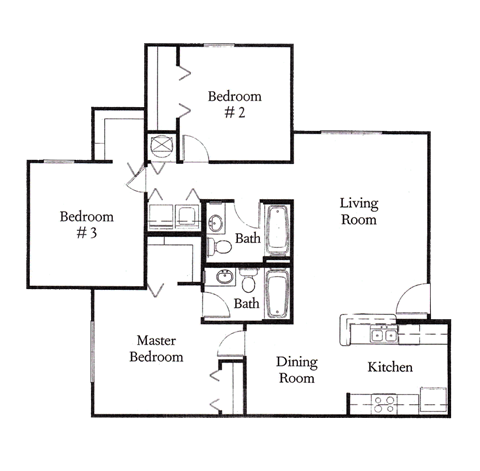Floor plan for 3 beds, 2 baths, 1155 sqft